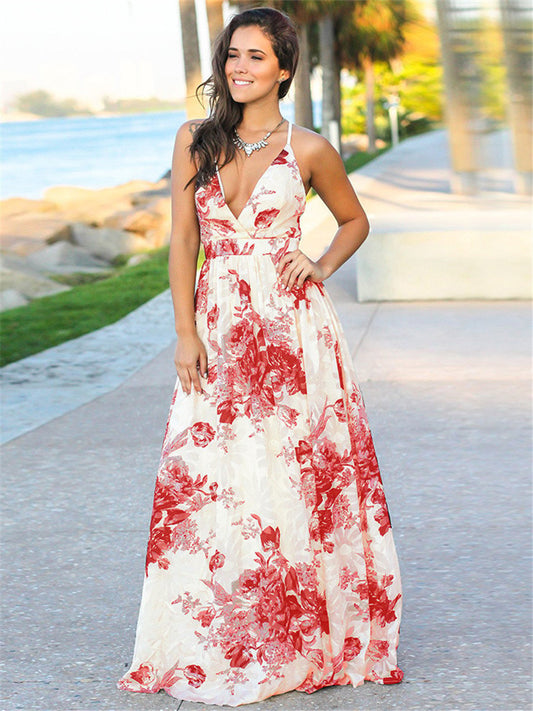 V-neck Floral Flowing Drawstring Long Skirt